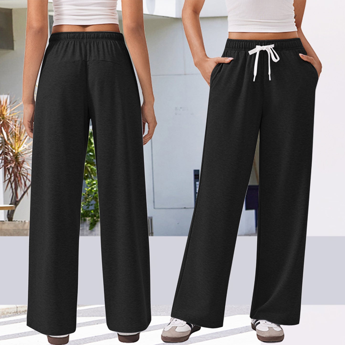 TEMOFON Black Pants for Women Elastic Waistband Fall Pants for Women with Pockets Sweat Pants Women Autumn Thermal Pants Women Lounge Casual Winter Pants