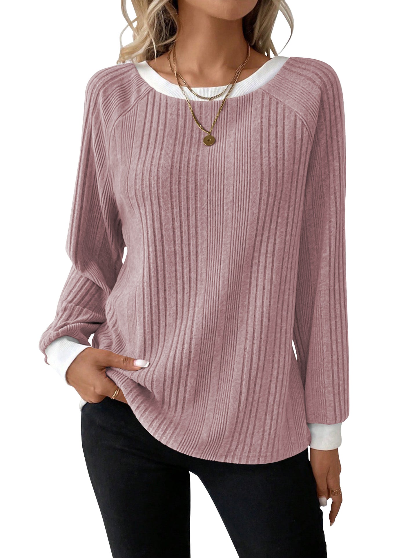 SHIBEVER Long Sleeve Shirts for Women Fall Tops Lightweight Clothing Trendy Winter Clothes Tunic Crew Neck Grey M