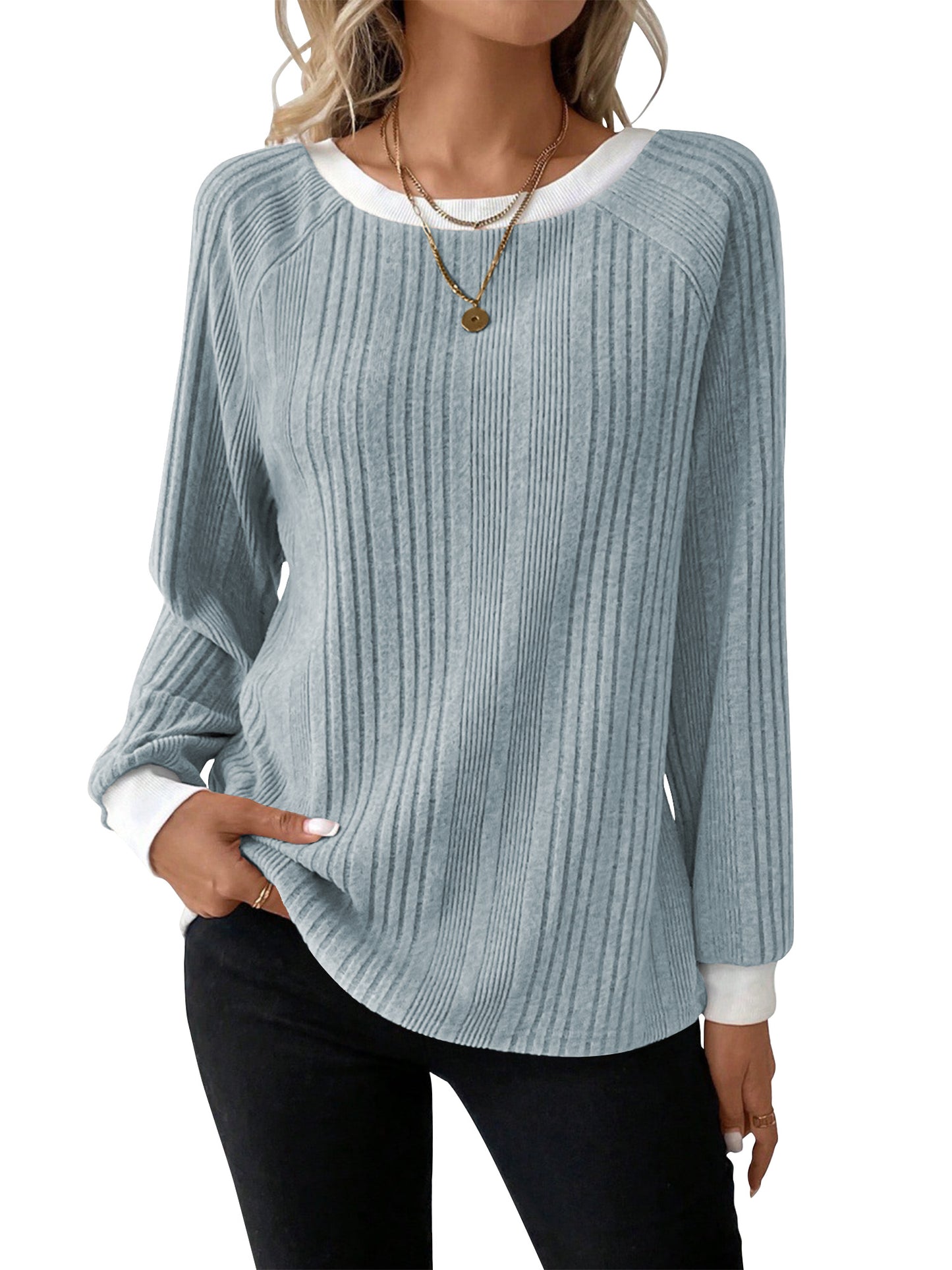 SHIBEVER Long Sleeve Shirts for Women Fall Tops Lightweight Clothing Trendy Winter Clothes Tunic Crew Neck Grey M