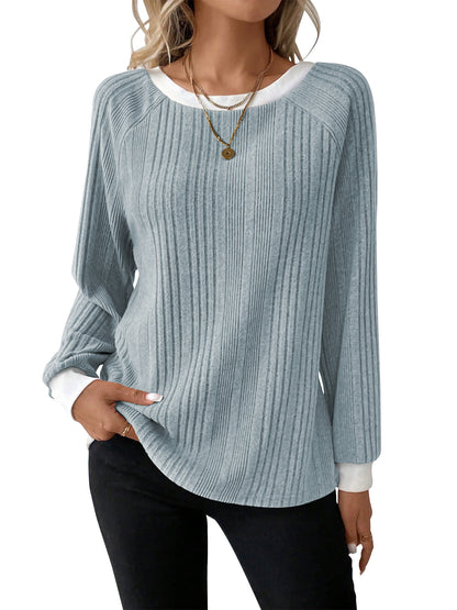 SHIBEVER Long Sleeve Shirts for Women Fall Tops Lightweight Clothing Trendy Winter Clothes Tunic Crew Neck Grey M