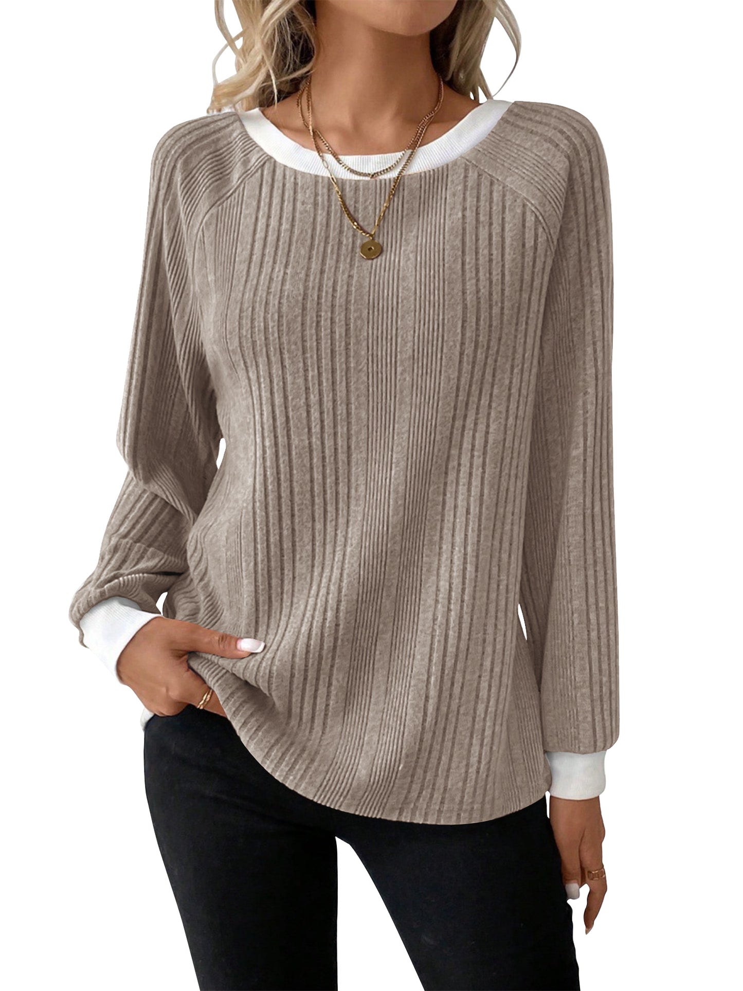 SHIBEVER Long Sleeve Shirts for Women Fall Tops Lightweight Clothing Trendy Winter Clothes Tunic Crew Neck Grey M