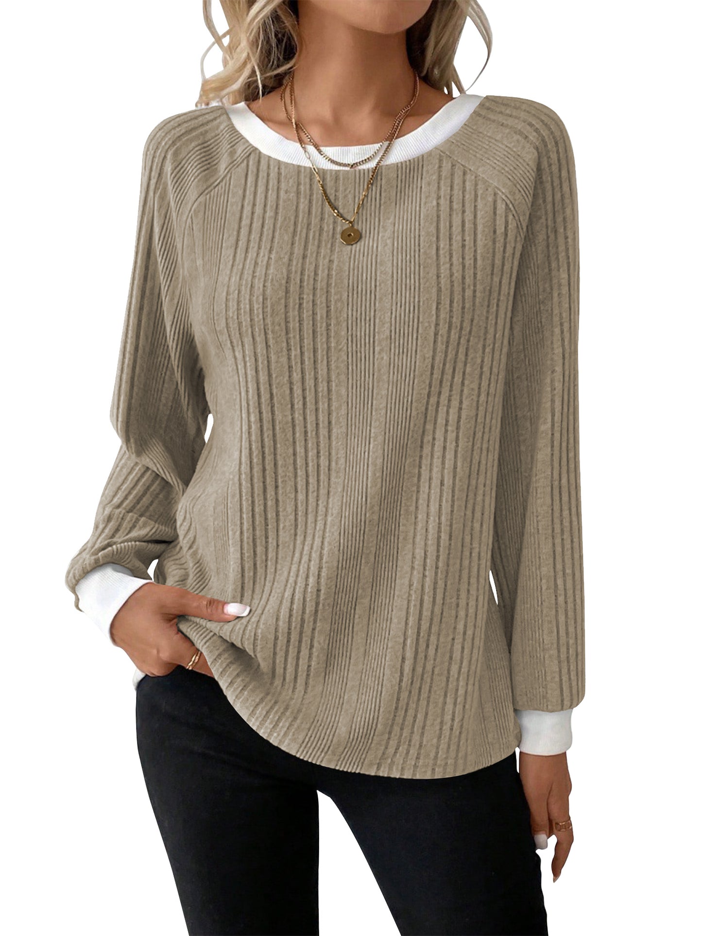 SHIBEVER Long Sleeve Shirts for Women Fall Tops Lightweight Clothing Trendy Winter Clothes Tunic Crew Neck Grey M