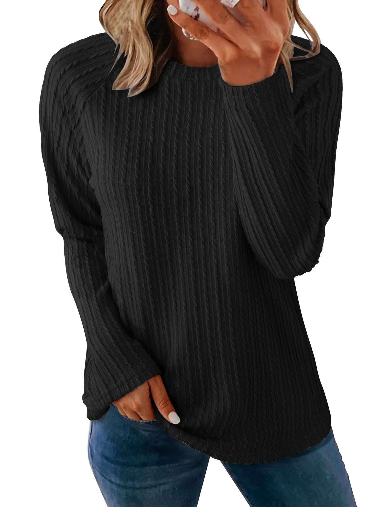 TEMOFON Womens Tops Long Sleeve Crew Neck Tops for Women Casual Lightweight Solid Color Shirts Knit Basic Blouses