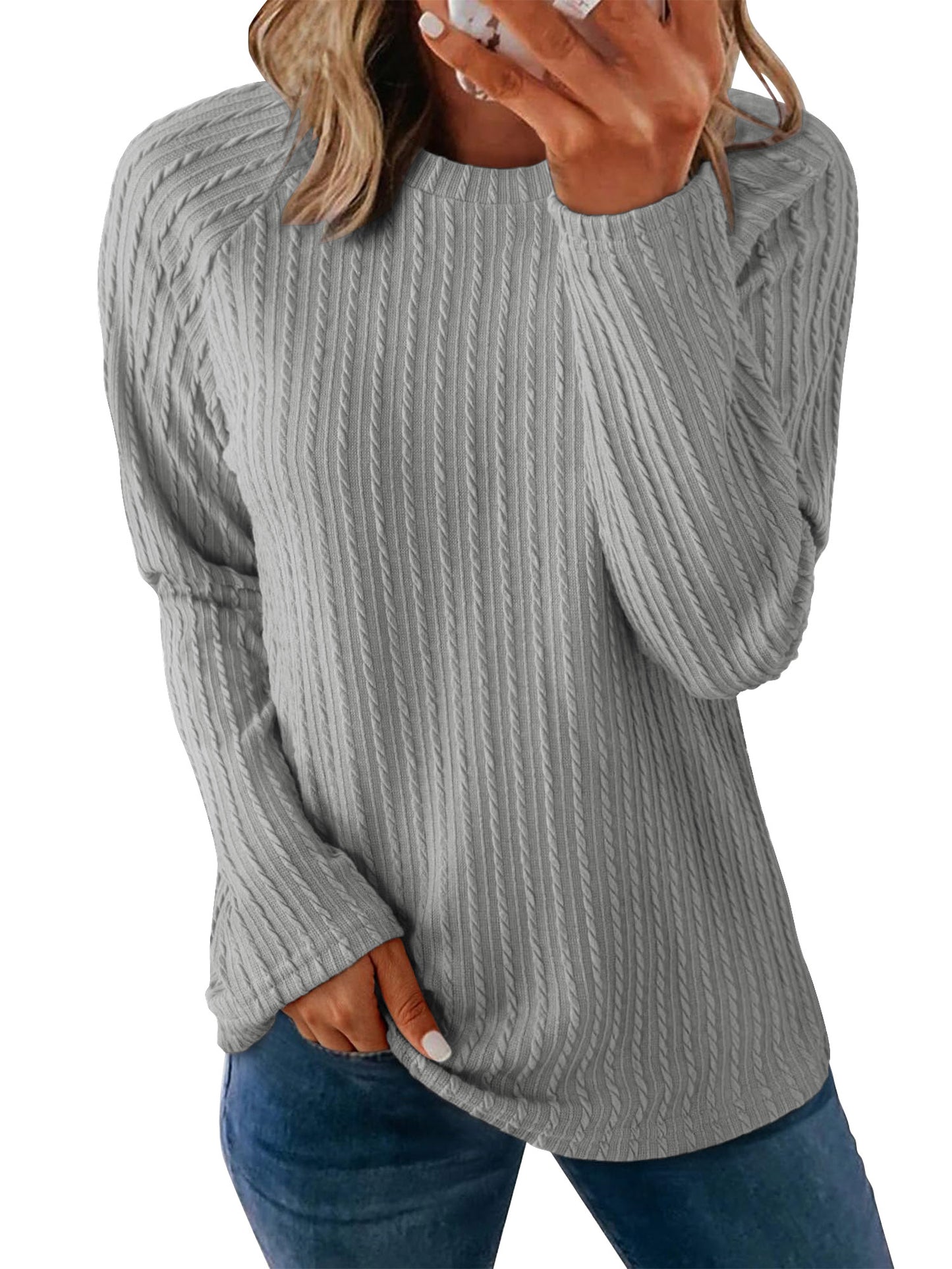TEMOFON Womens Tops Long Sleeve Crew Neck Tops for Women Casual Lightweight Solid Color Shirts Knit Basic Blouses
