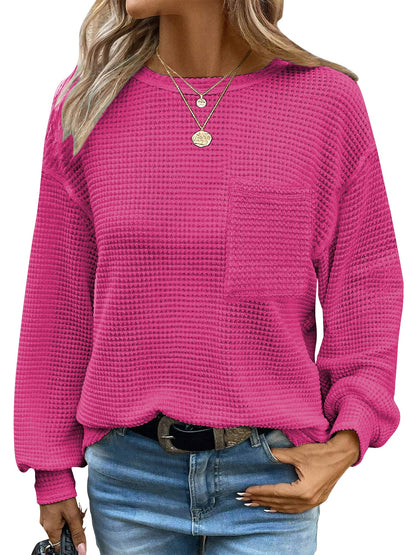 TEMOFON Womens Tops Long Sleeve Crewneck Waffle Knit Shirts Business Casual Blouses Basic Shirts for Womens Clothes Sweatshirts with Pocket Pullover Fall Outfits