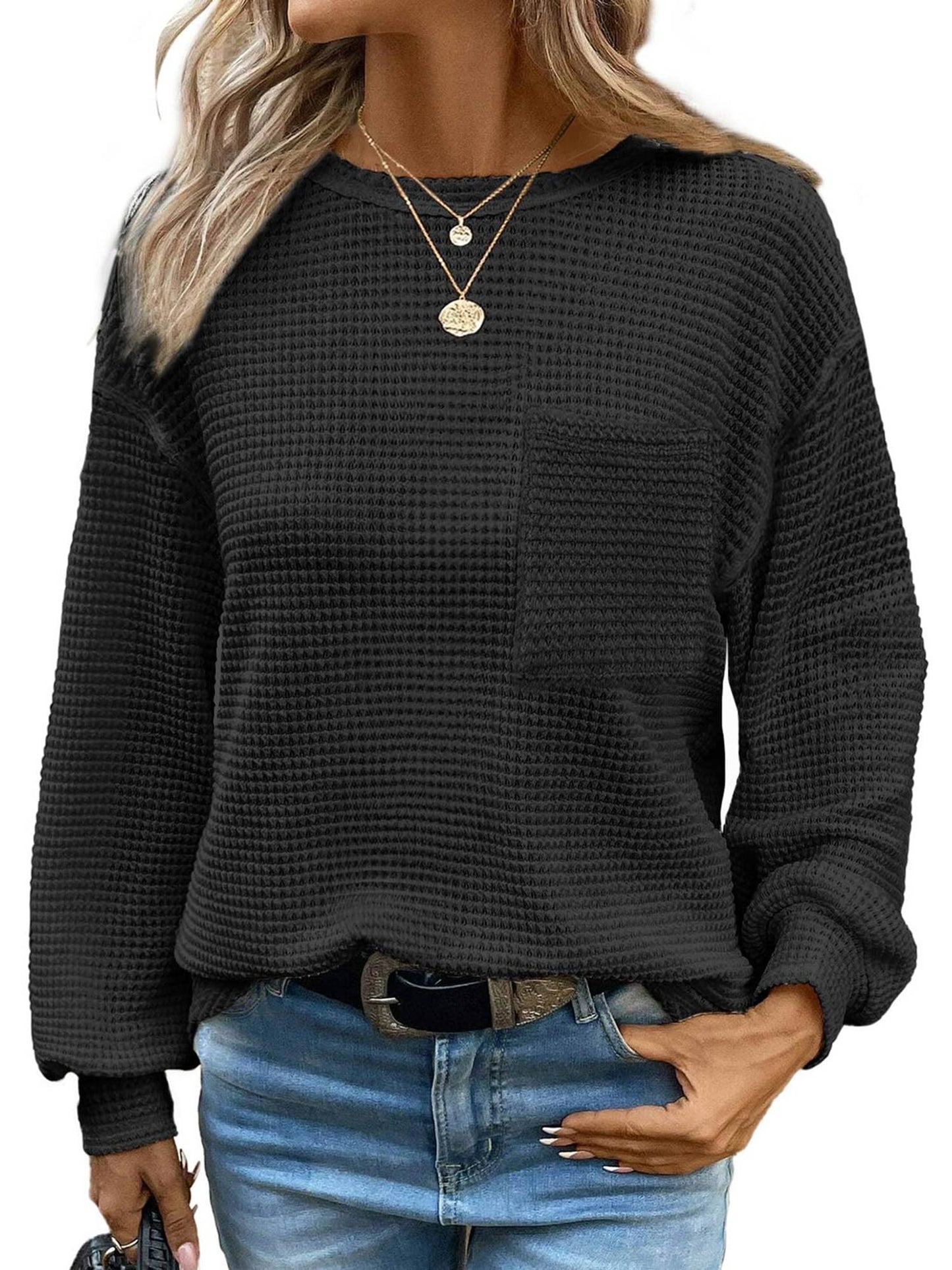 TEMOFON Womens Tops Long Sleeve Crewneck Waffle Knit Shirts Business Casual Blouses Basic Shirts for Womens Clothes Sweatshirts with Pocket Pullover Fall Outfits