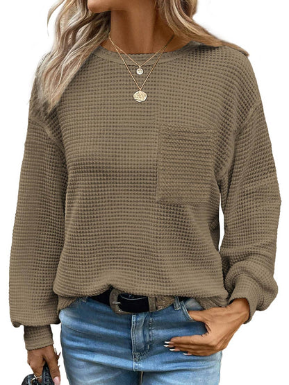 TEMOFON Womens Tops Long Sleeve Crewneck Waffle Knit Shirts Business Casual Blouses Basic Shirts for Womens Clothes Sweatshirts with Pocket Pullover Fall Outfits