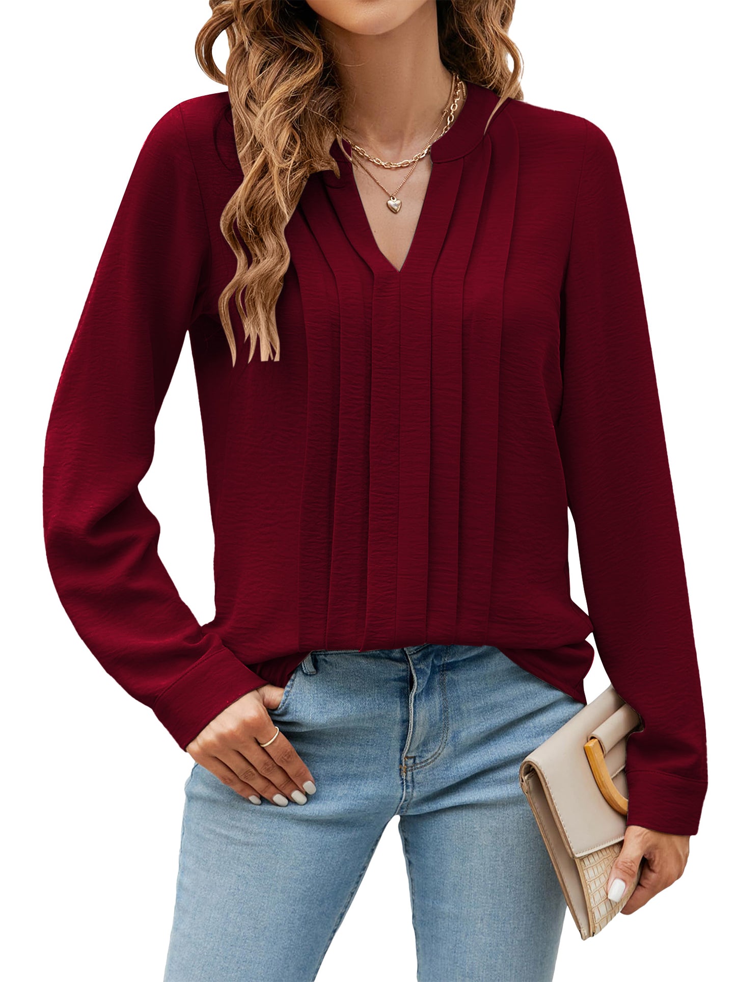 TEMOFON Womens Dressy Casual Blouses Business Work Tops Long Sleeve V Neck Pleated Shirts for Womens Clothes Fall Outfits Lightweight Tunic Tops