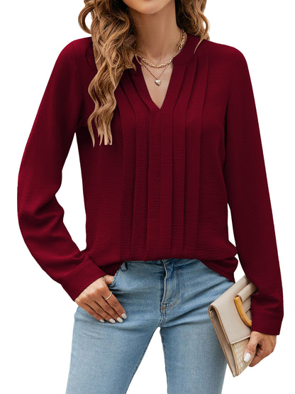 TEMOFON Womens Dressy Casual Blouses Business Work Tops Long Sleeve V Neck Pleated Shirts for Womens Clothes Fall Outfits Lightweight Tunic Tops