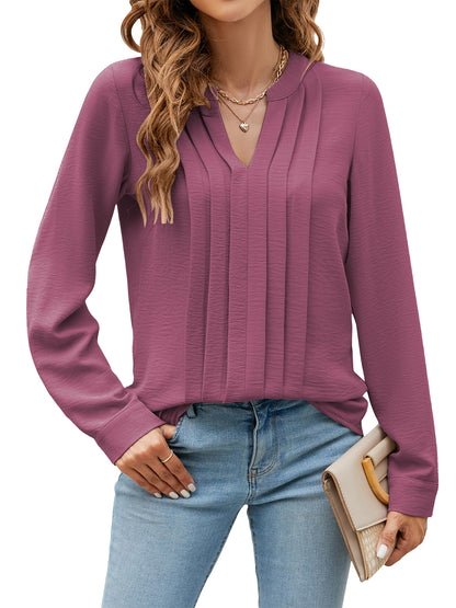 TEMOFON Womens Dressy Casual Blouses Business Work Tops Long Sleeve V Neck Pleated Shirts for Womens Clothes Fall Outfits Lightweight Tunic Tops