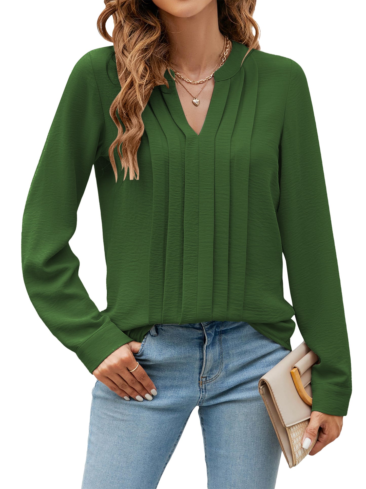 TEMOFON Womens Dressy Casual Blouses Business Work Tops Long Sleeve V Neck Pleated Shirts for Womens Clothes Fall Outfits Lightweight Tunic Tops