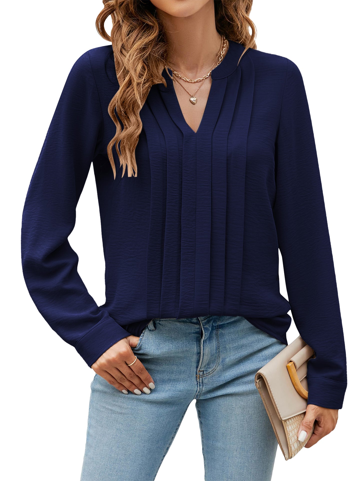 TEMOFON Womens Dressy Casual Blouses Business Work Tops Long Sleeve V Neck Pleated Shirts for Womens Clothes Fall Outfits Lightweight Tunic Tops