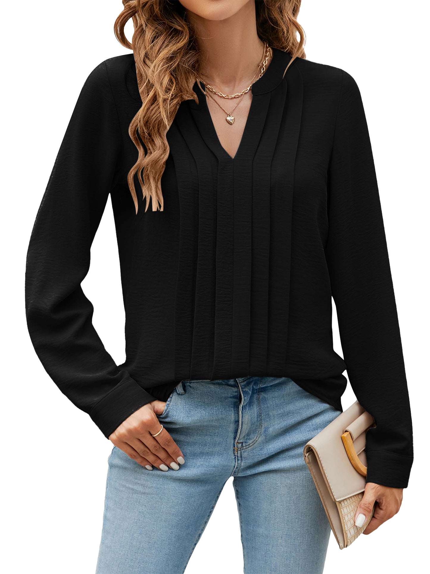TEMOFON Womens Dressy Casual Blouses Business Work Tops Long Sleeve V Neck Pleated Shirts for Womens Clothes Fall Outfits Lightweight Tunic Tops