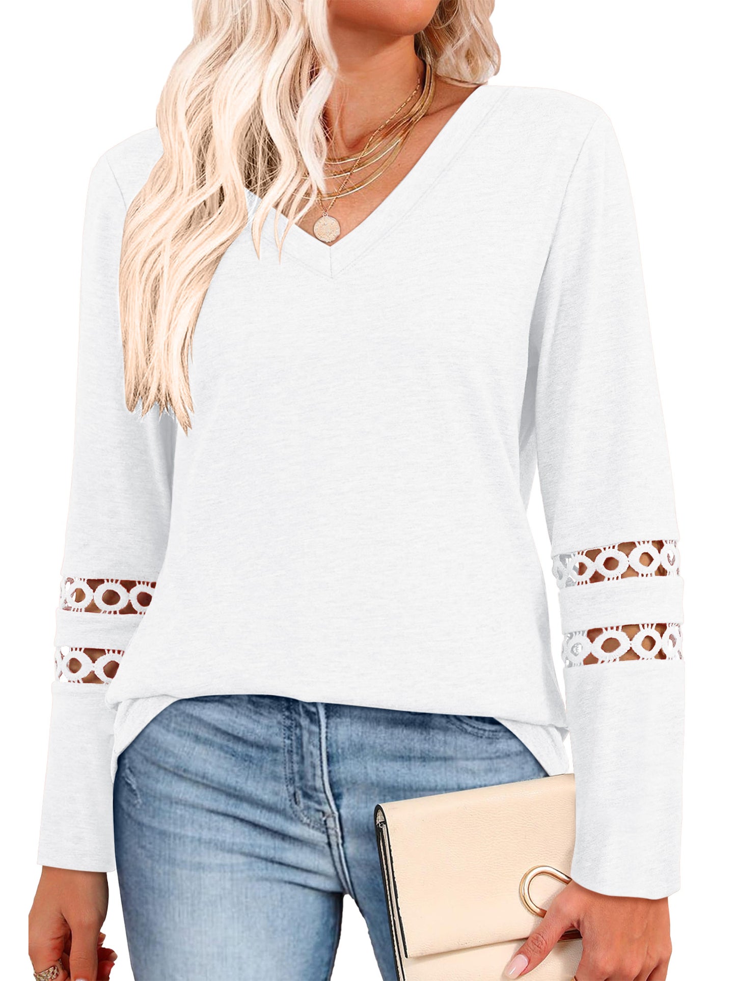 TEMOFON Long Sleeve Shirts for Womens Blouses Shirts Dressy Casual Loose Tops Sweatshirts Womens Clothes Lace Sleeve V Neck Lightweight Pullover Fall Outfits Tunic Tops T Shirts