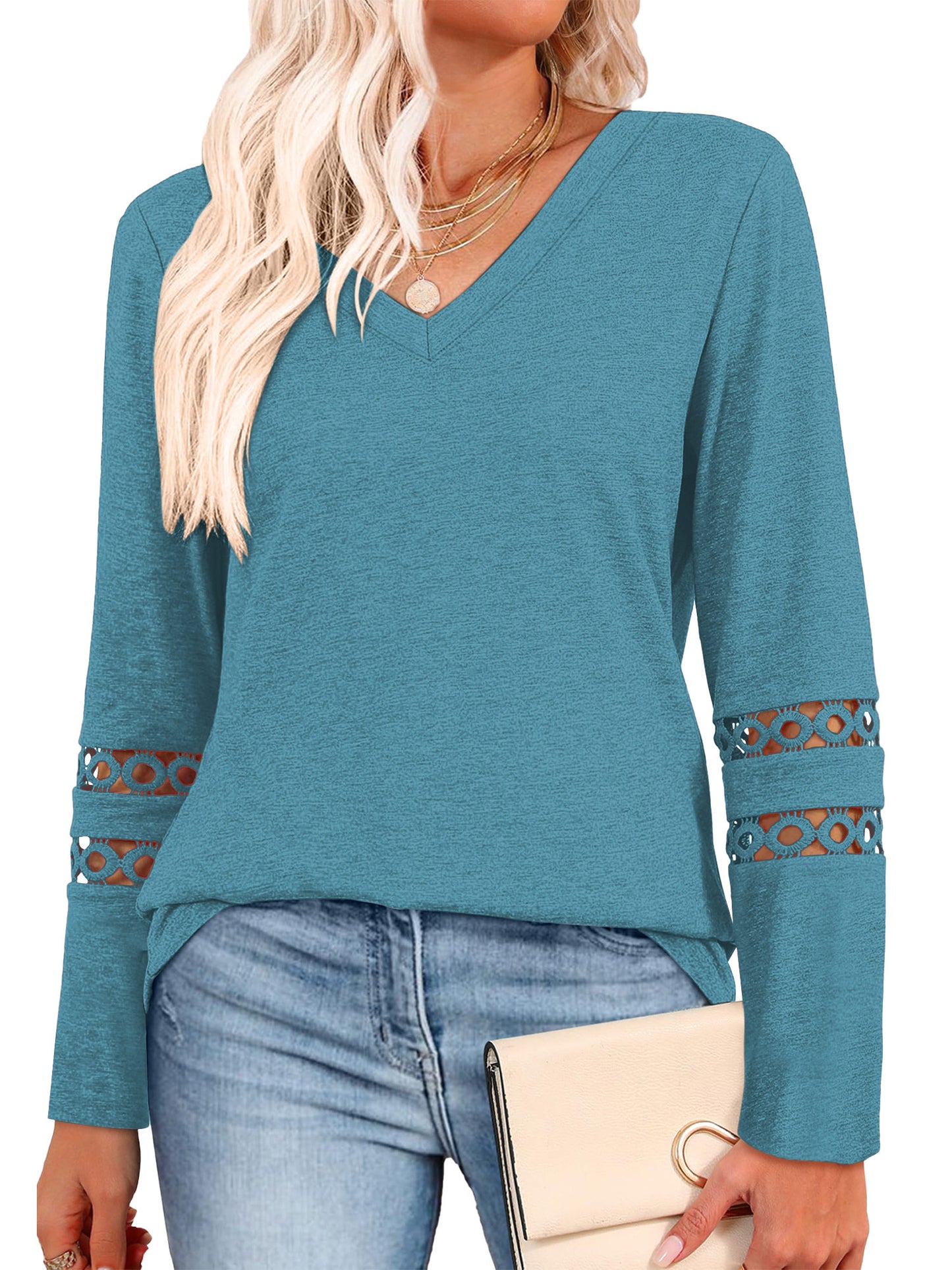TEMOFON Long Sleeve Shirts for Womens Blouses Shirts Dressy Casual Loose Tops Sweatshirts Womens Clothes Lace Sleeve V Neck Lightweight Pullover Fall Outfits Tunic Tops T Shirts