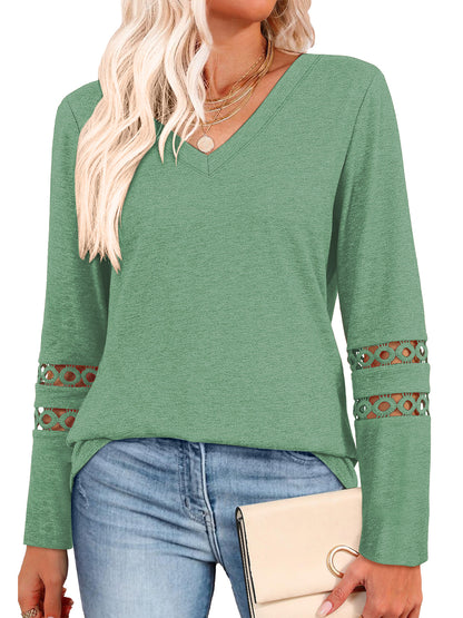 TEMOFON Long Sleeve Shirts for Womens Blouses Shirts Dressy Casual Loose Tops Sweatshirts Womens Clothes Lace Sleeve V Neck Lightweight Pullover Fall Outfits Tunic Tops T Shirts