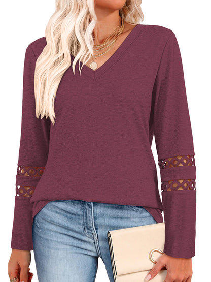 TEMOFON Long Sleeve Shirts for Womens Blouses Shirts Dressy Casual Loose Tops Sweatshirts Womens Clothes Lace Sleeve V Neck Lightweight Pullover Fall Outfits Tunic Tops T Shirts
