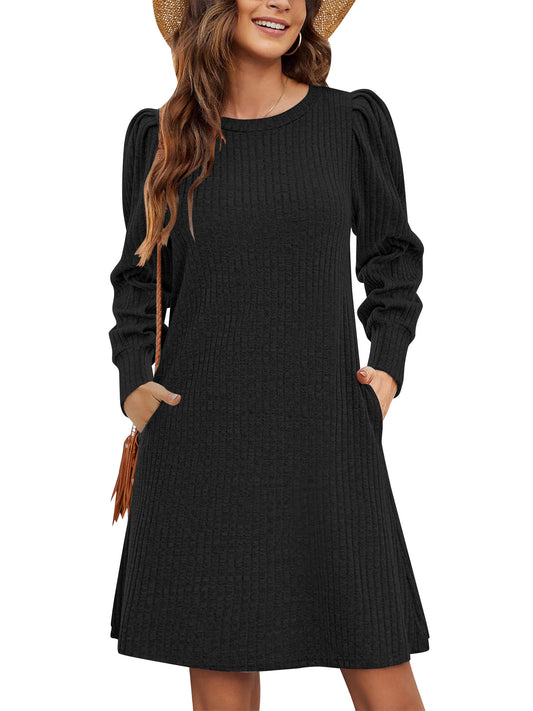 TEMOFON Sweater Dresses for Women 2025 Knit Dresses Long Sleeve Dress Casual Fall Winter Round Neck A Line Dress with Pockets
