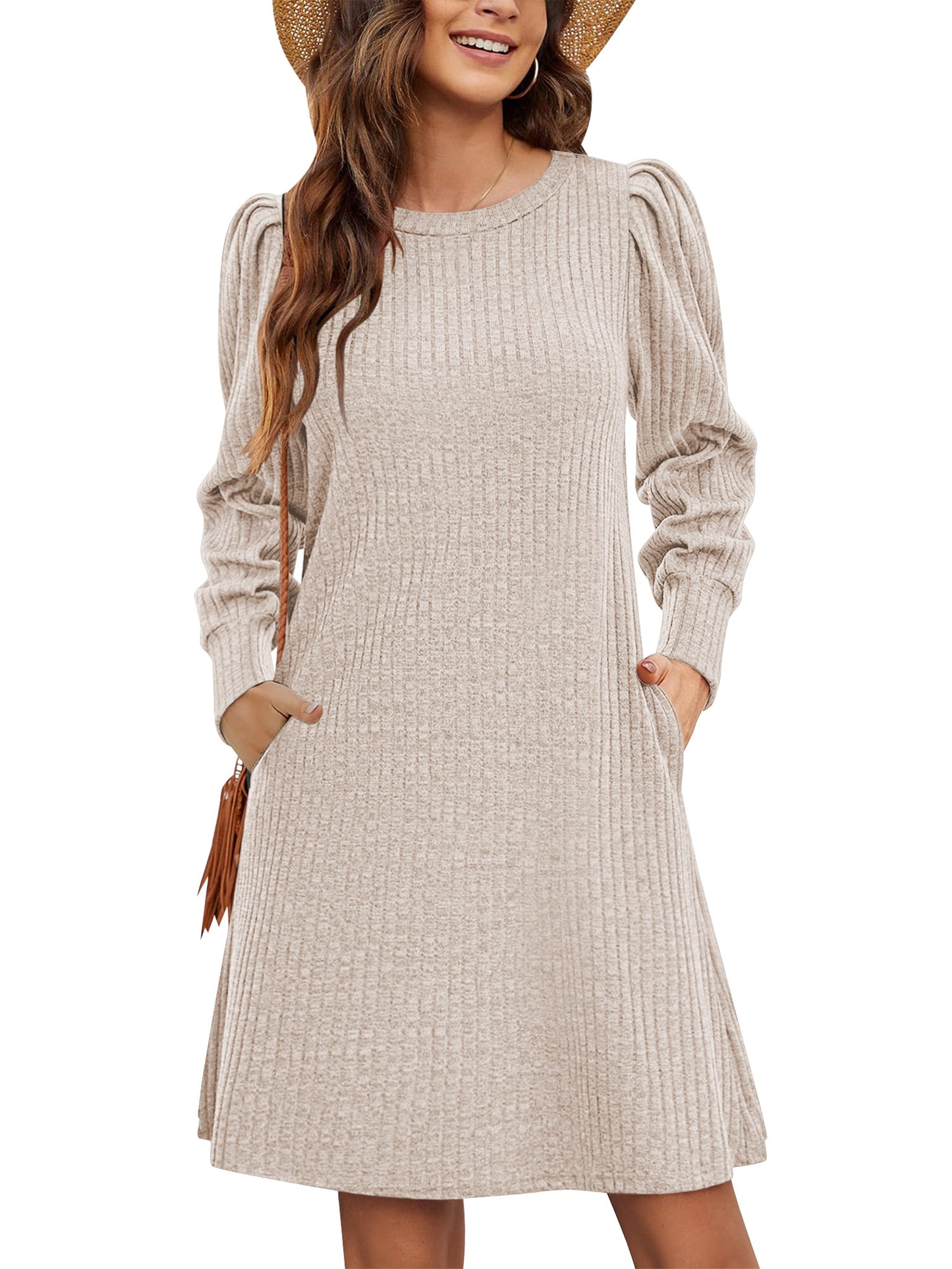 TEMOFON Sweater Dresses for Women 2025 Knit Dresses Long Sleeve Dress Casual Fall Winter Round Neck A Line Dress with Pockets