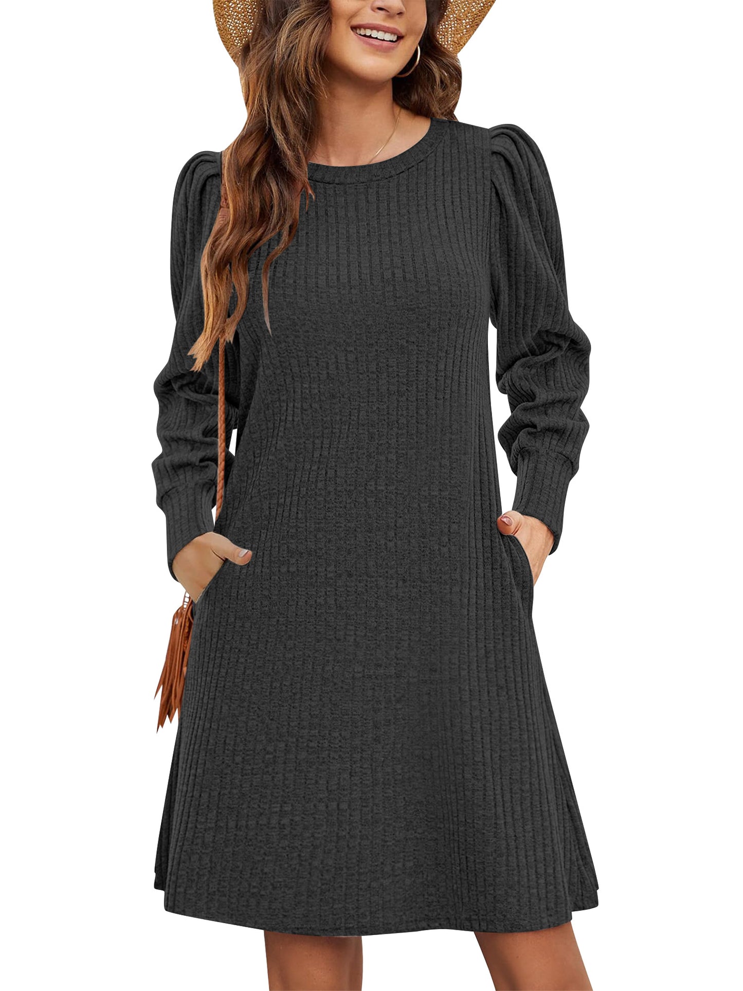 TEMOFON Sweater Dresses for Women 2025 Knit Dresses Long Sleeve Dress Casual Fall Winter Round Neck A Line Dress with Pockets