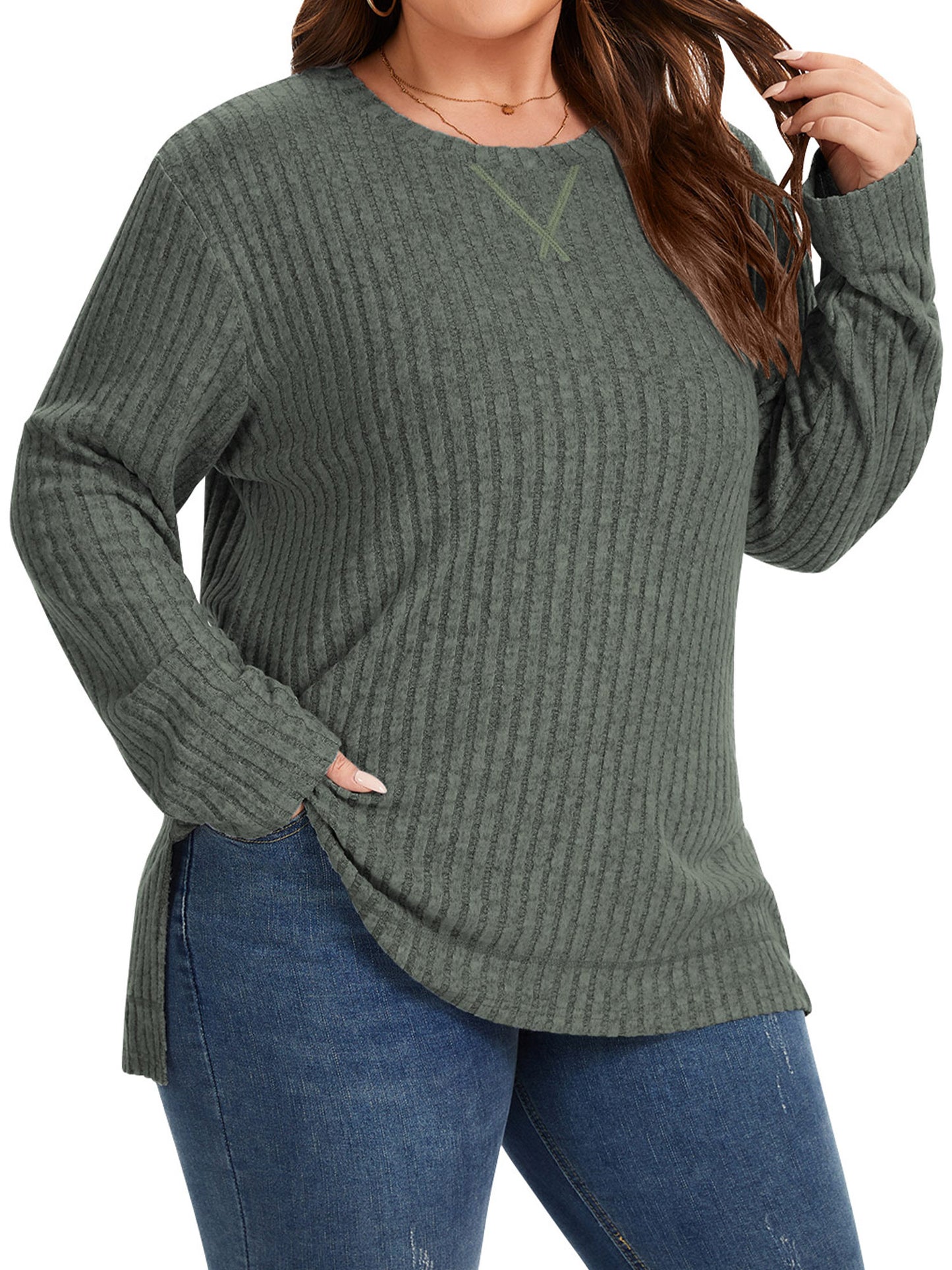 TEMOFON Plus Size for Womens Fall Tops Crew Neck Long Sleeve Sweaters Tunic Ribbed Side Split Pullover Tops