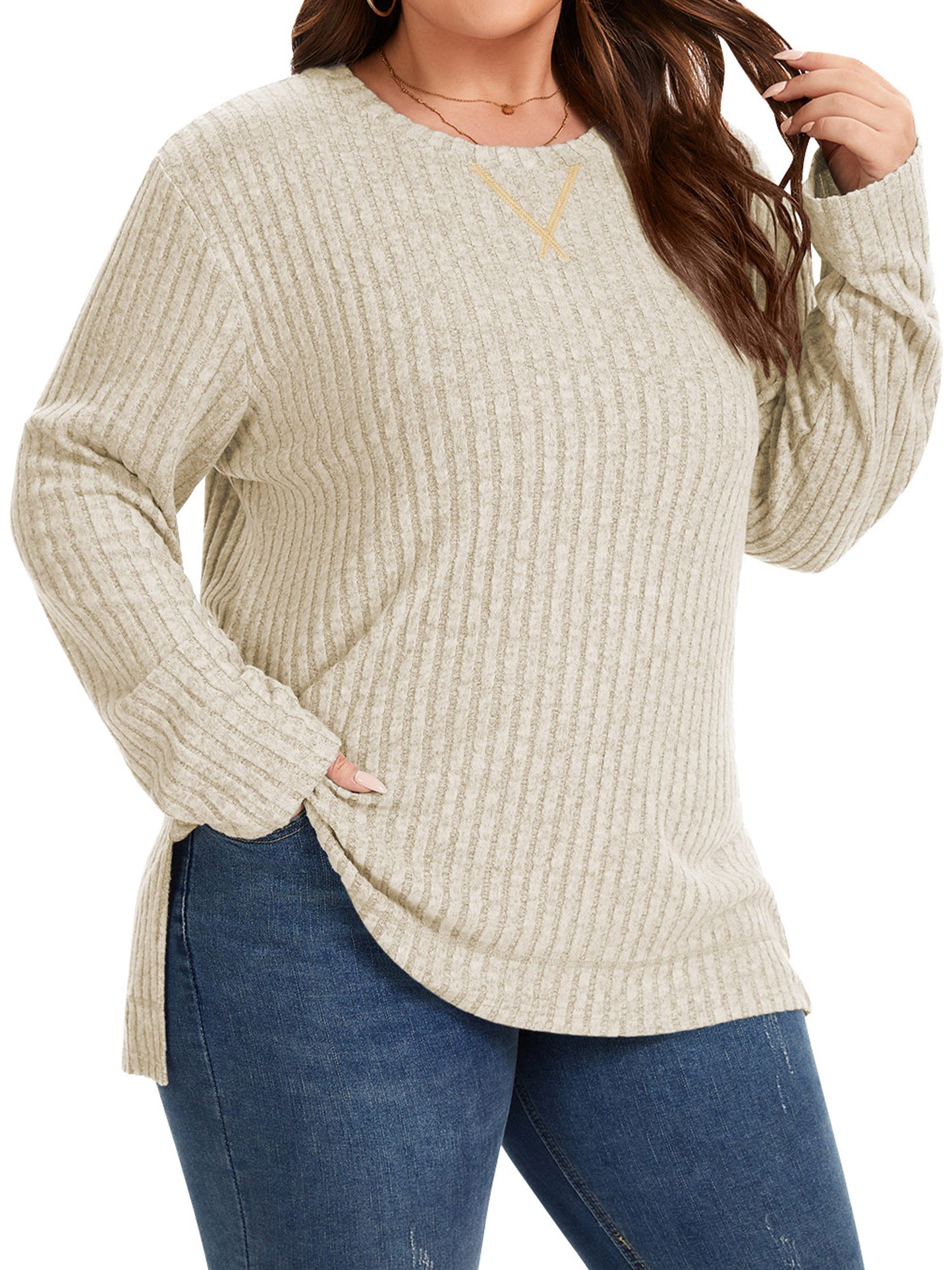 TEMOFON Plus Size for Womens Fall Tops Crew Neck Long Sleeve Sweaters Tunic Ribbed Side Split Pullover Tops