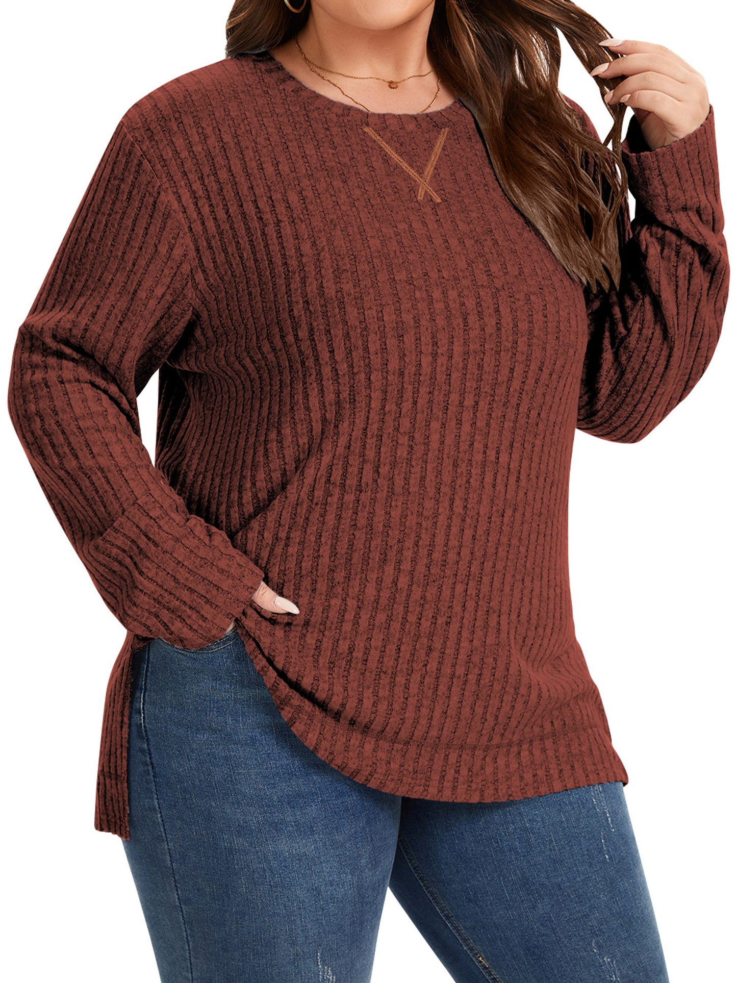 TEMOFON Plus Size for Womens Fall Tops Crew Neck Long Sleeve Sweaters Tunic Ribbed Side Split Pullover Tops