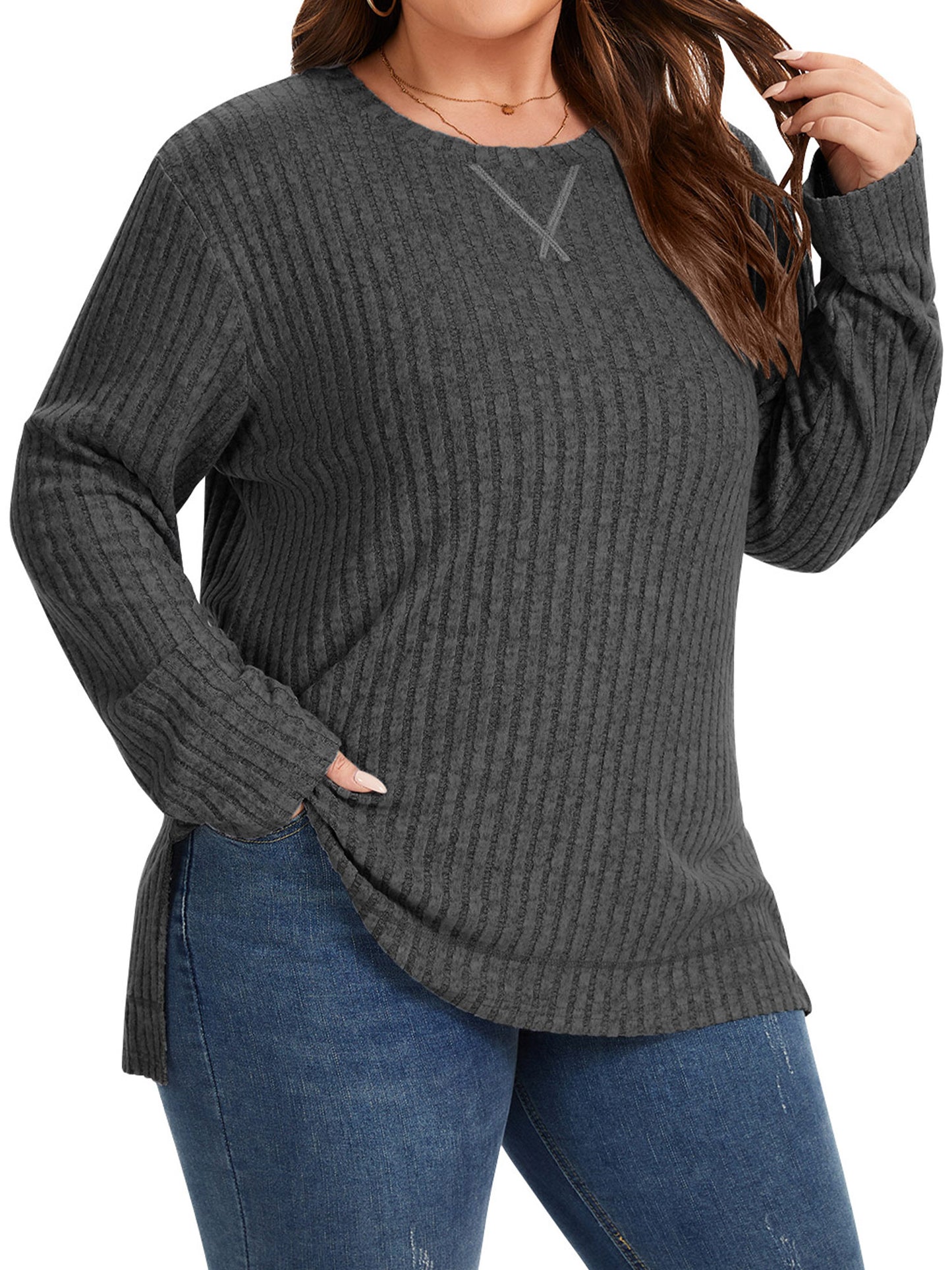 TEMOFON Plus Size for Womens Fall Tops Crew Neck Long Sleeve Sweaters Tunic Ribbed Side Split Pullover Tops