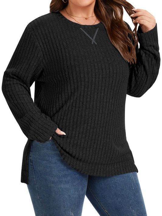 TEMOFON Plus Size for Womens Fall Tops Crew Neck Long Sleeve Sweaters Tunic Ribbed Side Split Pullover Tops