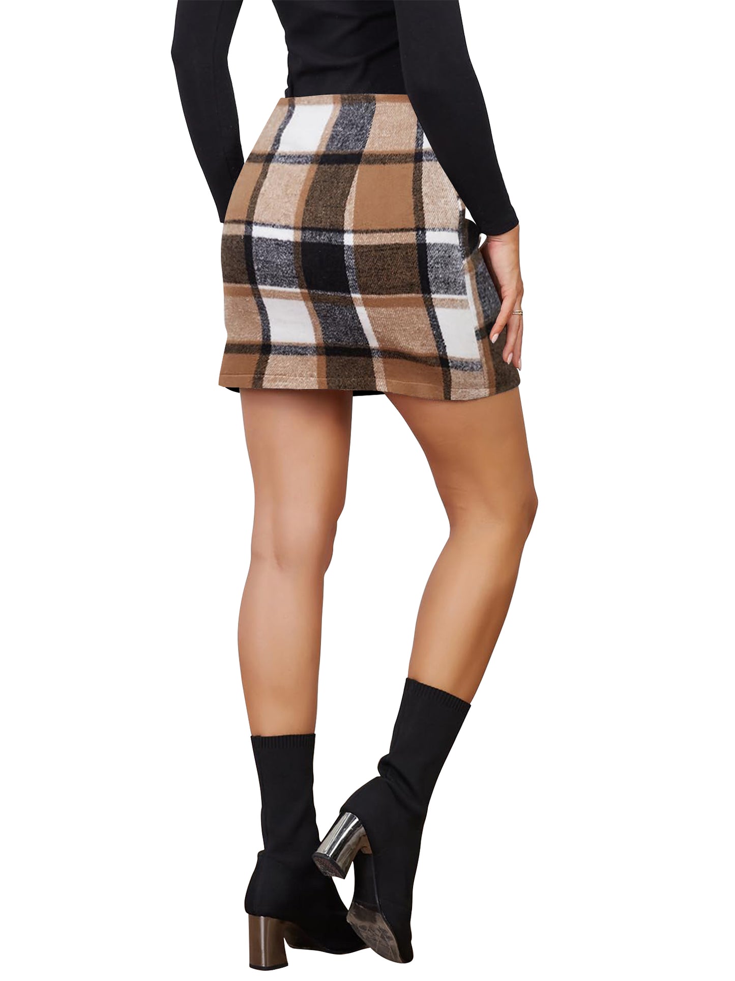 TEMOFON Skirts for Women High Waist Plaid Skirt Casual Comfy Bodycon Pencil Mini Skirts