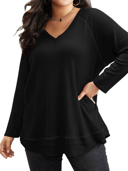 SWQZVT Blouses for Women Plus Size Long Sleeve Tunic Tops Fall Casual Waffle Sweatshirts Loose Oversize T Shirts for Winter Clothes