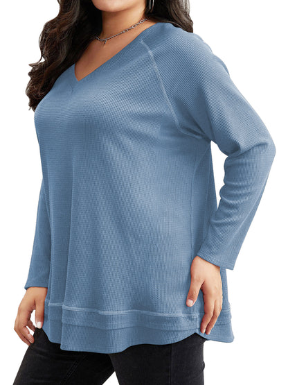 SWQZVT Blouses for Women Plus Size Long Sleeve Tunic Tops Fall Casual Waffle Sweatshirts Loose Oversize T Shirts for Winter Clothes