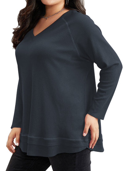 SWQZVT Blouses for Women Plus Size Long Sleeve Tunic Tops Fall Casual Waffle Sweatshirts Loose Oversize T Shirts for Winter Clothes