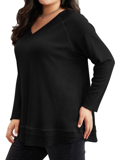 SWQZVT Blouses for Women Plus Size Long Sleeve Tunic Tops Fall Casual Waffle Sweatshirts Loose Oversize T Shirts for Winter Clothes