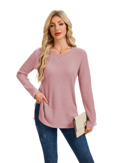 TEMOFON Womens Tops Long Sleeve Waffle Knit Side Slit Shirts for Women Crew Neck Casual Loose Fit Pullover Tunic Tops