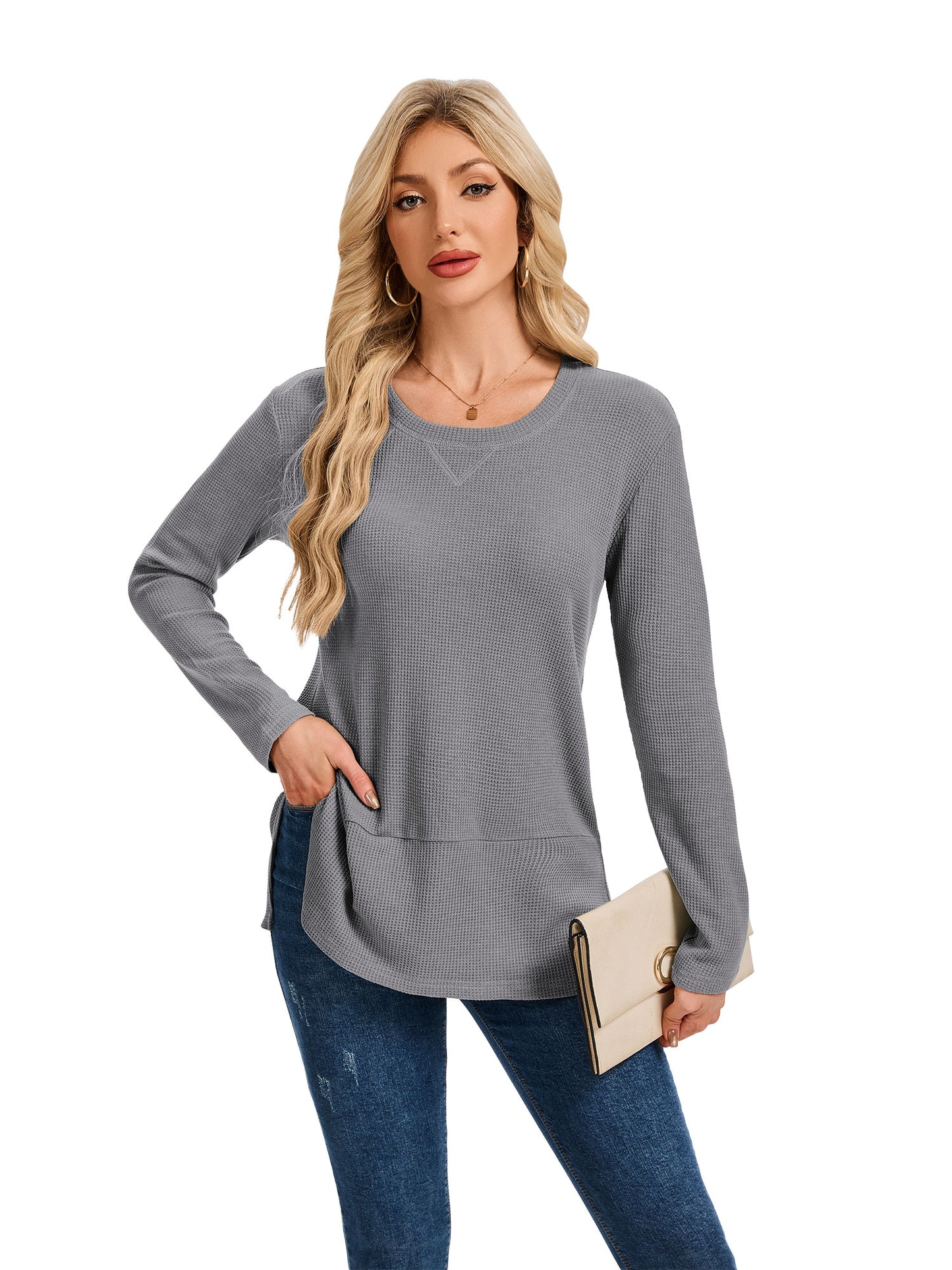 TEMOFON Womens Tops Long Sleeve Waffle Knit Side Slit Shirts for Women Crew Neck Casual Loose Fit Pullover Tunic Tops