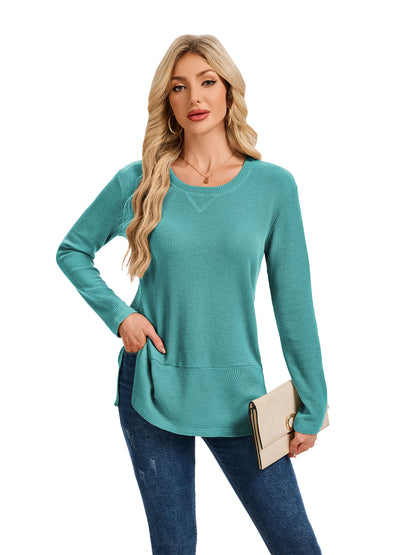 TEMOFON Womens Tops Long Sleeve Waffle Knit Side Slit Shirts for Women Crew Neck Casual Loose Fit Pullover Tunic Tops