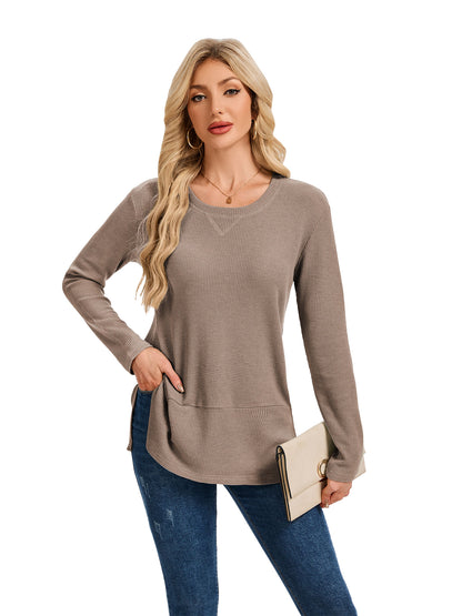 TEMOFON Womens Tops Long Sleeve Waffle Knit Side Slit Shirts for Women Crew Neck Casual Loose Fit Pullover Tunic Tops