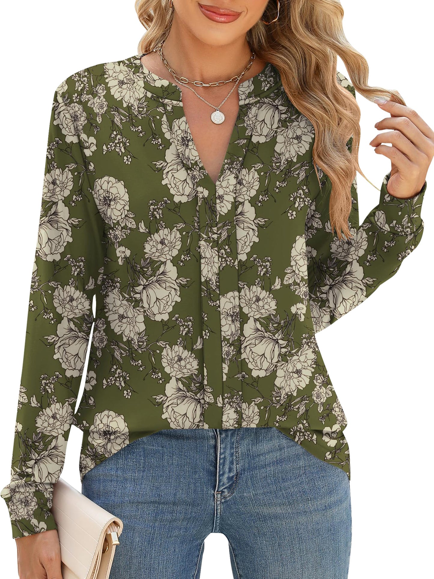 TEMOFON Women Tops Casual Business Split V Neck Floral Printed Pleated Blouses Loose Fit Fall Long Sleeve Work Shirts