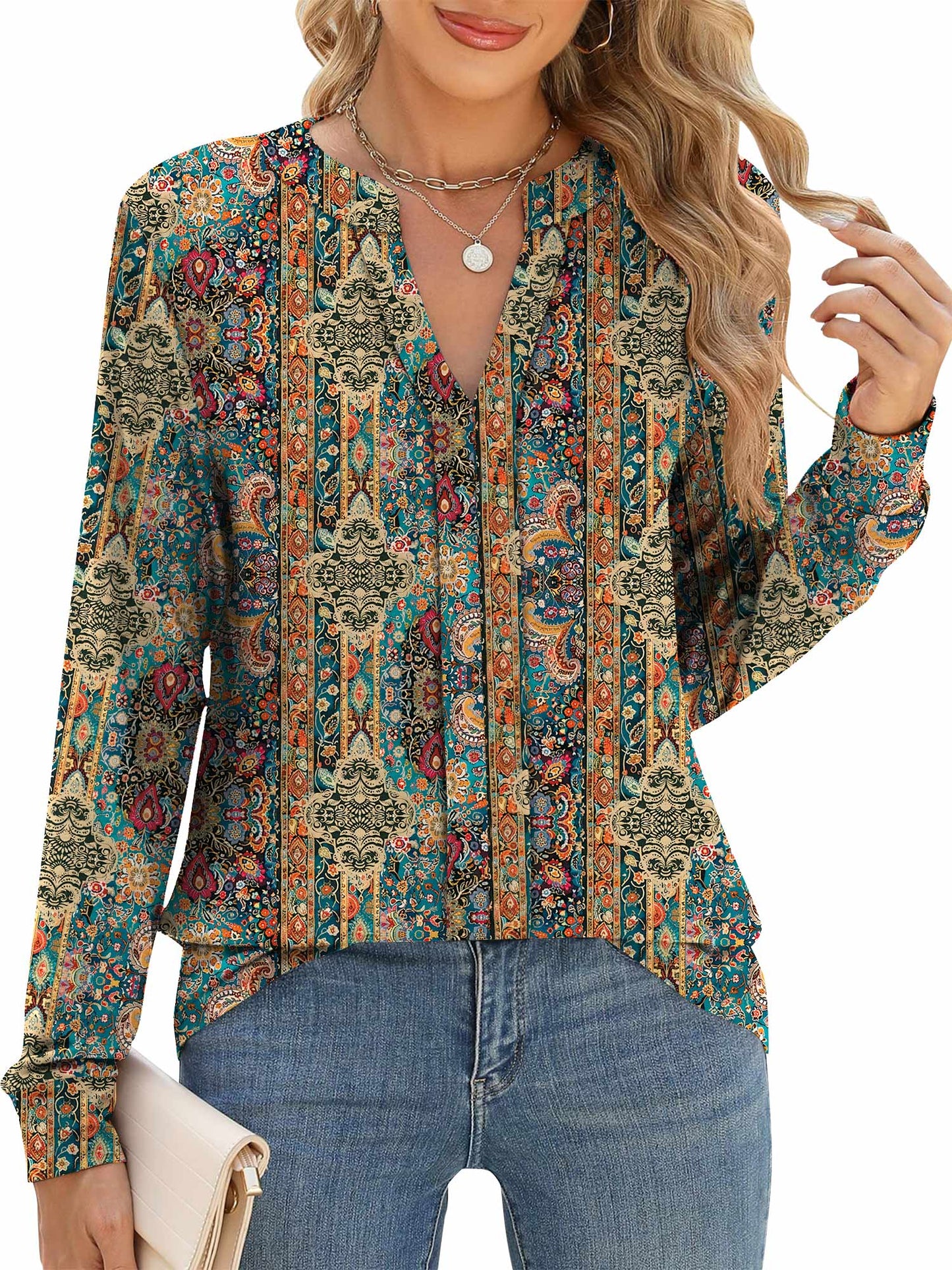 TEMOFON Women Tops Casual Business Split V Neck Floral Printed Pleated Blouses Loose Fit Fall Long Sleeve Work Shirts