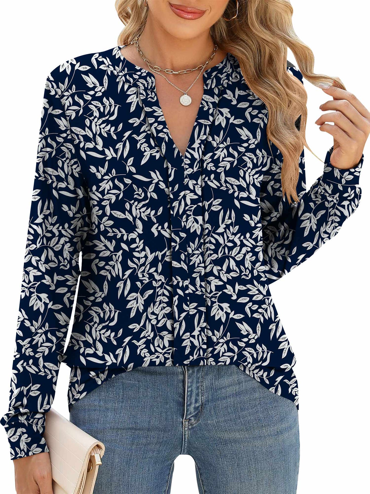 TEMOFON Women Tops Casual Business Split V Neck Floral Printed Pleated Blouses Loose Fit Fall Long Sleeve Work Shirts
