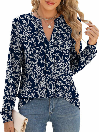 TEMOFON Women Tops Casual Business Split V Neck Floral Printed Pleated Blouses Loose Fit Fall Long Sleeve Work Shirts