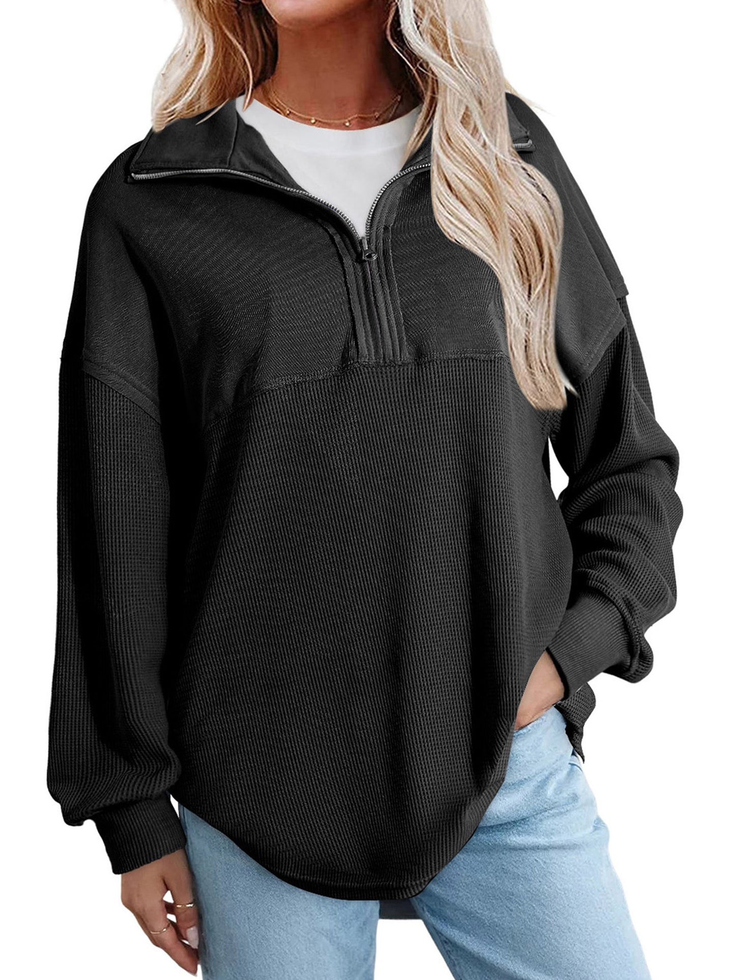 SWQZVT Womens Sweatshirts Waffle Knit Half Zip Pullover for Women Casual Long Sleeve Lightweight Loose Fit Fall Tops