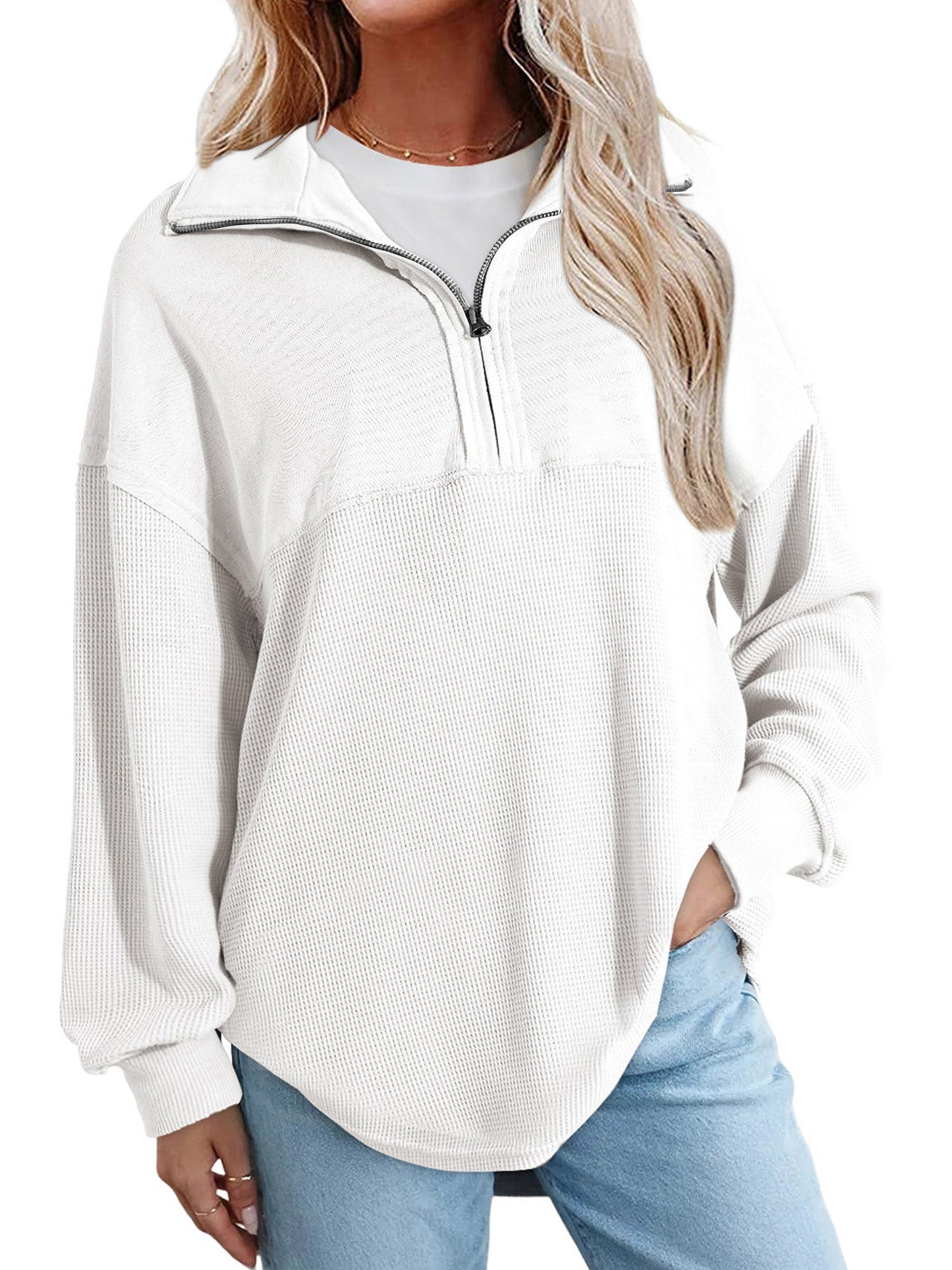 SWQZVT Womens Sweatshirts Waffle Knit Half Zip Pullover for Women Casual Long Sleeve Lightweight Loose Fit Fall Tops