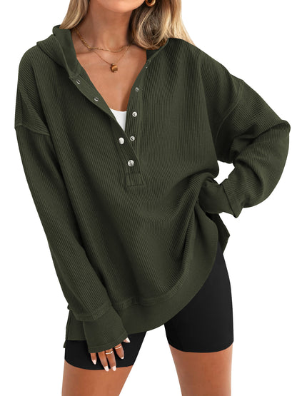 SWQZVT Womens Sweatshirt Fall Button Up V Neck Long Sleeve Hooded Tops Casual Fashion Side Slit Womens Hoodies Pullover