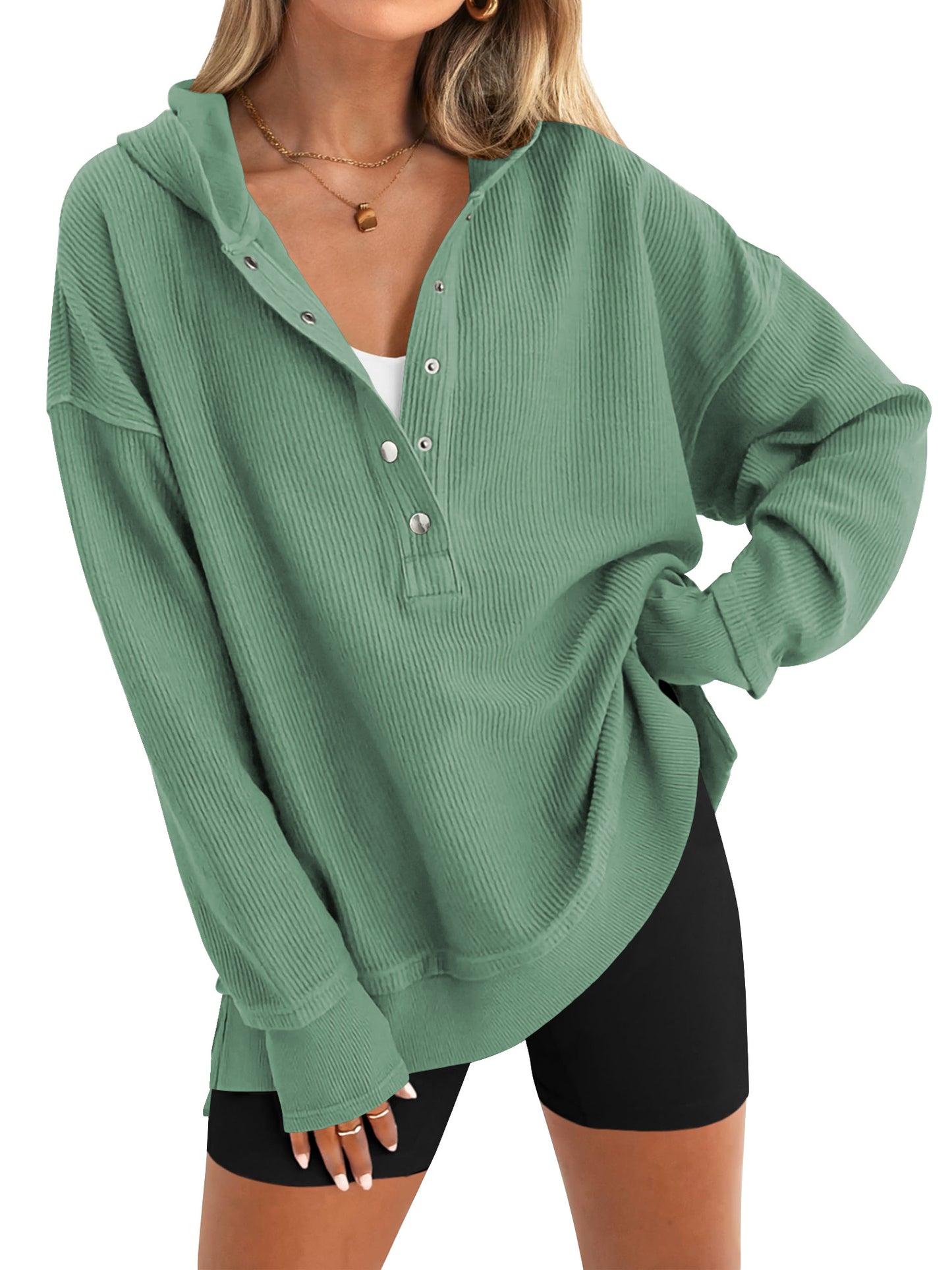SWQZVT Womens Sweatshirt Fall Button Up V Neck Long Sleeve Hooded Tops Casual Fashion Side Slit Womens Hoodies Pullover