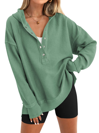 SWQZVT Womens Sweatshirt Fall Button Up V Neck Long Sleeve Hooded Tops Casual Fashion Side Slit Womens Hoodies Pullover