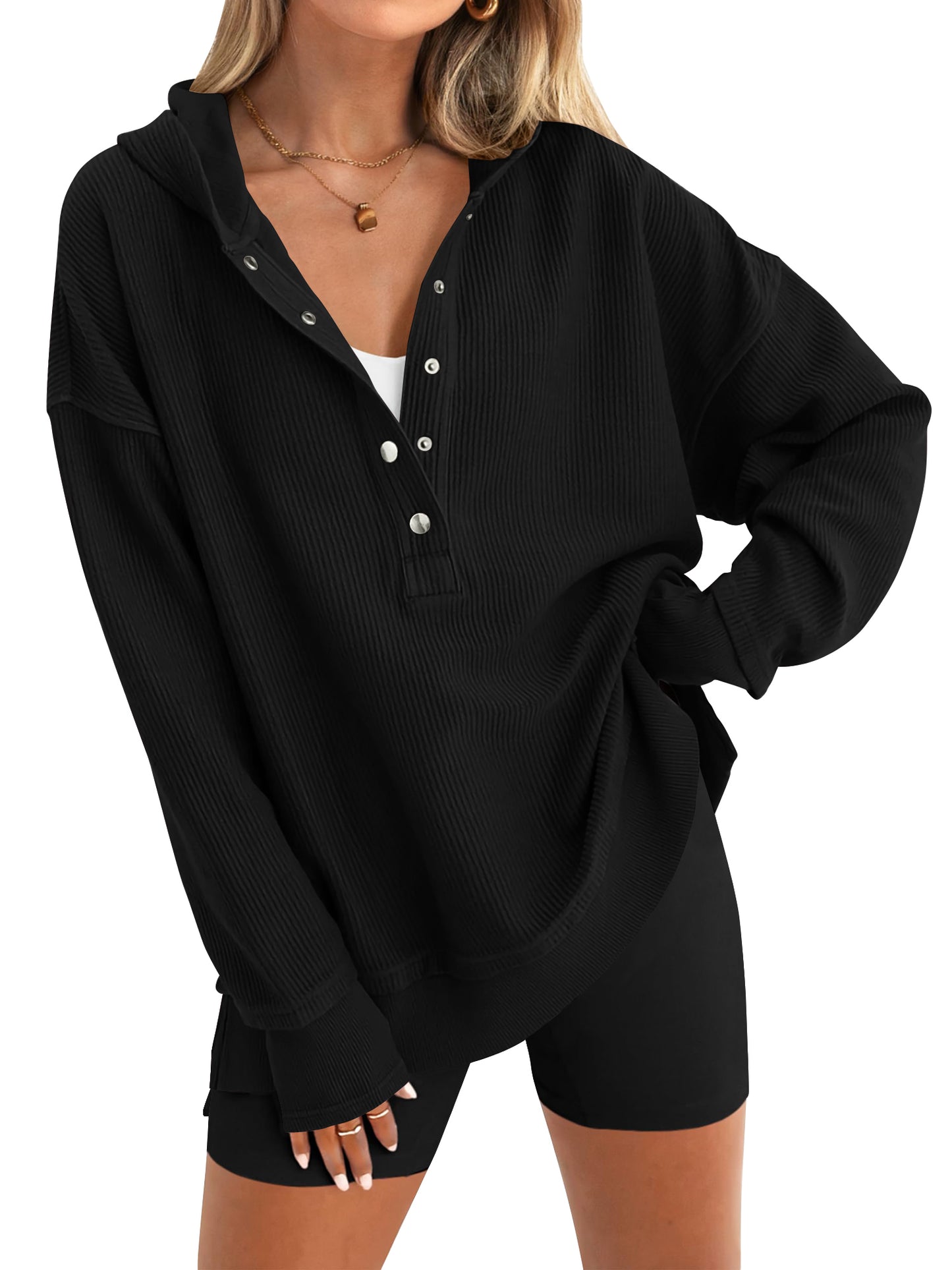 SWQZVT Womens Sweatshirt Fall Button Up V Neck Long Sleeve Hooded Tops Casual Fashion Side Slit Womens Hoodies Pullover