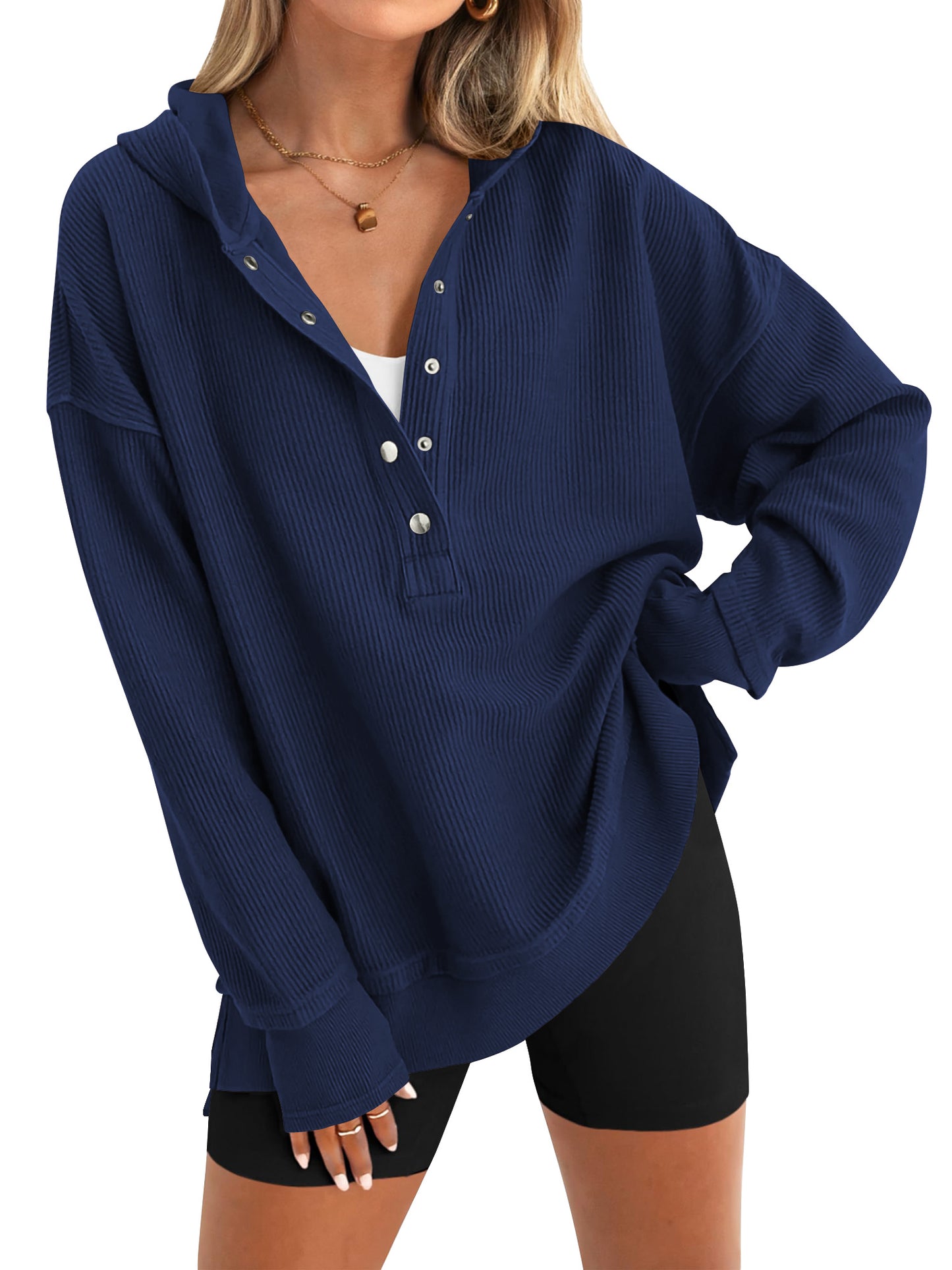 SWQZVT Womens Sweatshirt Fall Button Up V Neck Long Sleeve Hooded Tops Casual Fashion Side Slit Womens Hoodies Pullover