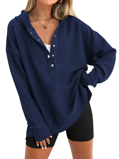 SWQZVT Womens Sweatshirt Fall Button Up V Neck Long Sleeve Hooded Tops Casual Fashion Side Slit Womens Hoodies Pullover